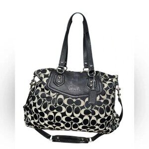 Coach Ashley Black and Cream Signature Pleated Satchel Tote Bag F19244